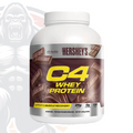 Frasco de Cellucor C4 Whey Protein 5 lb sabor chocolate con leche Hershey's, proteína de suero para recuperación muscular.
