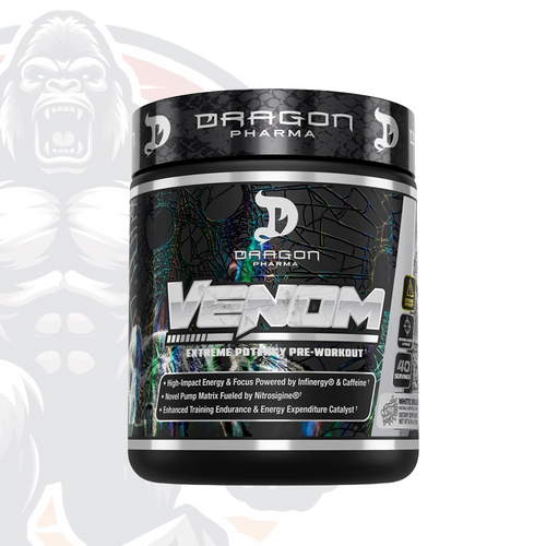 Compra Dragon Pharma Venom Pre-Workout al mejor precio. Preentreno de potencia extrema para energía explosiva, enfoque y bombeo muscular.