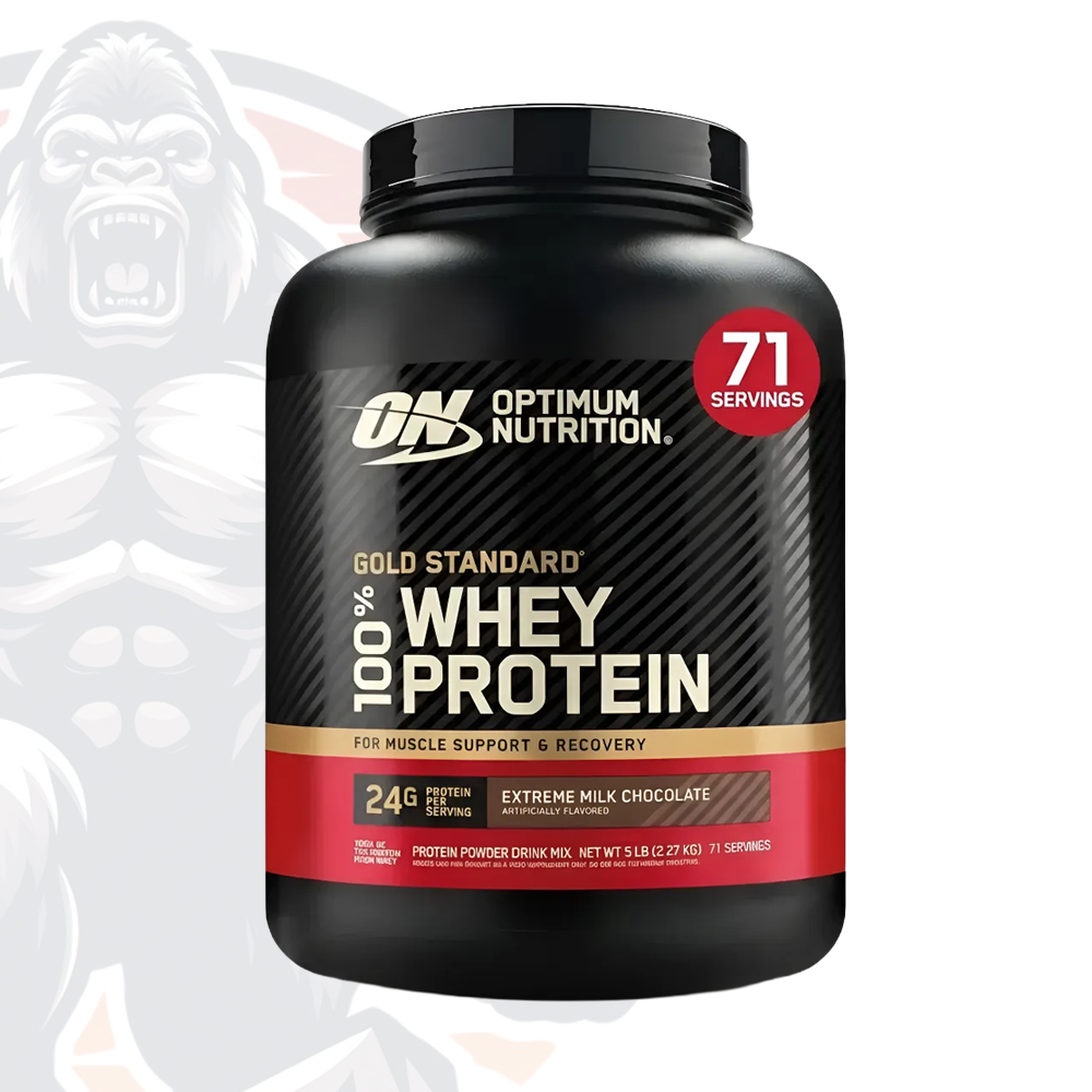 Bote de Optimum Nutrition Gold Standard 100% Whey 5 lb sabor Extreme Milk Chocolate, proteína de suero.