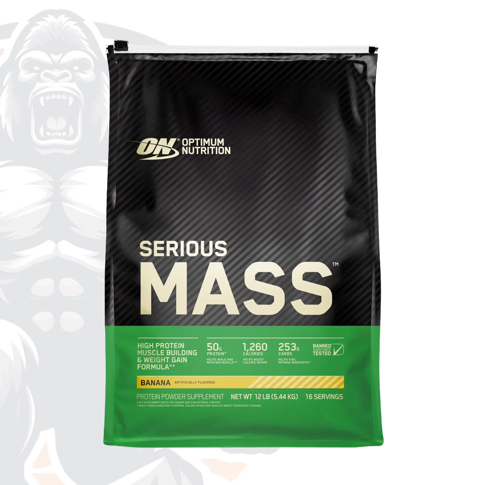 Bolsa de Optimum Nutrition Serious Mass 12 lb sabor plátano (banana), ganador de peso y masa muscular.